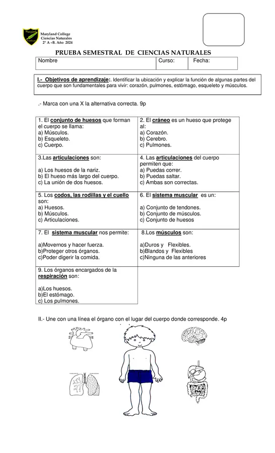 Prueba ciencias naturales, partes del cuerpo, vertebrados, vida saludable, habitat