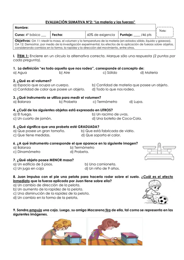 PRUEBA UNIDAD MATERIA Y FUERZAS 4° CIENCIAS