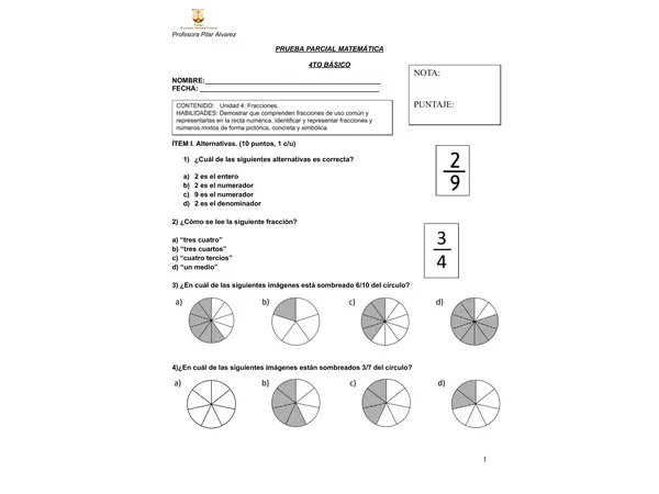 Prueba 4to básico Fracciones