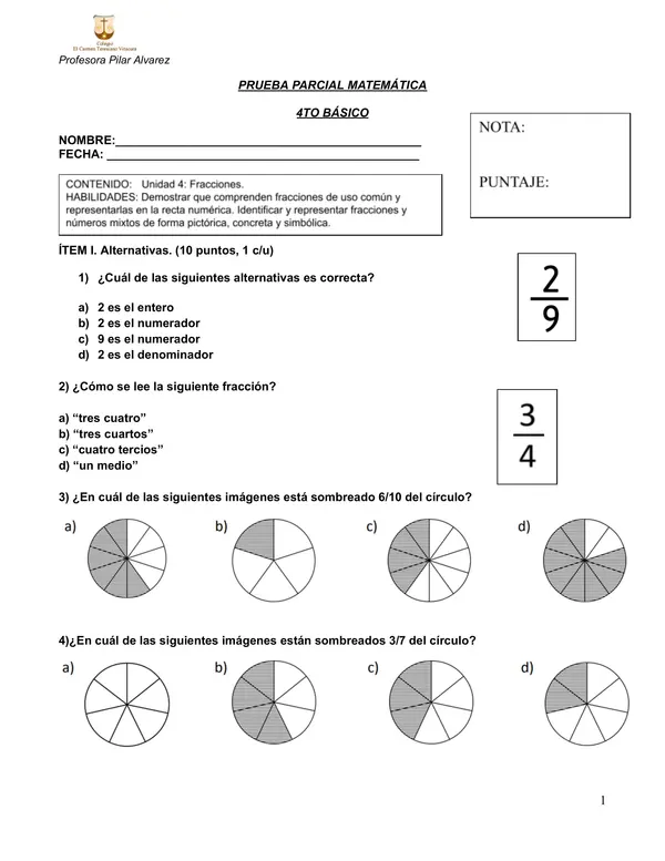 Prueba 4to básico Fracciones