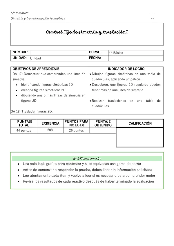 Control de evaluación "Eje de simetría y traslación" 4to Básico