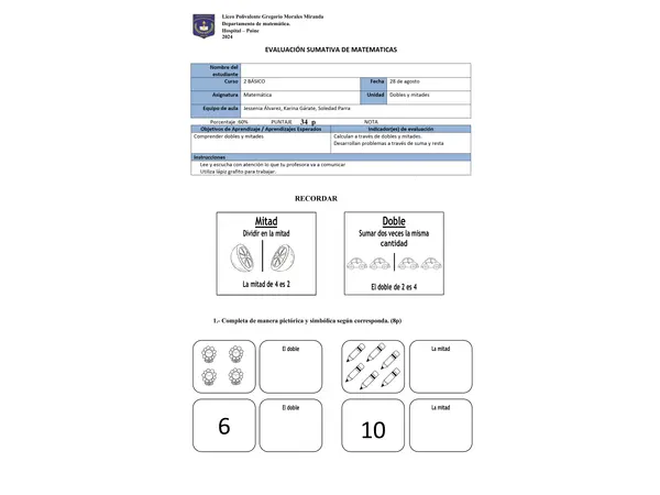Evaluación dobles y mitades 2° básico
