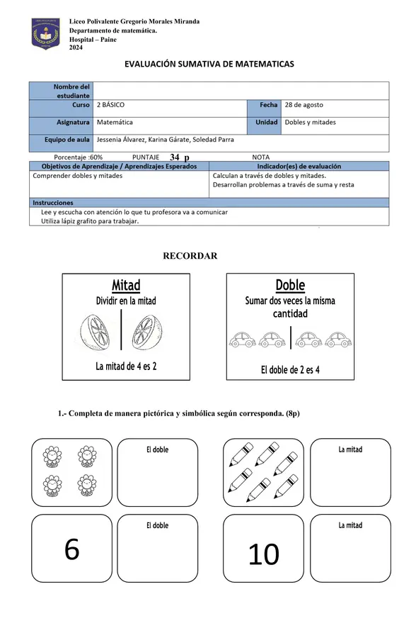 Evaluación dobles y mitades 2° básico