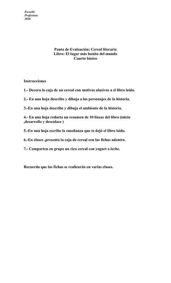 Pauta de evaluación .CEREAL LITERARIO 