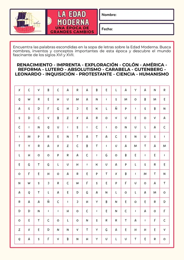 Sopa de letras conceptos de la edad moderna