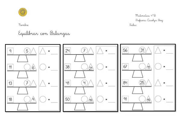 Equilibrar con balanzas - Ecuaciones primer grado 4to Básico