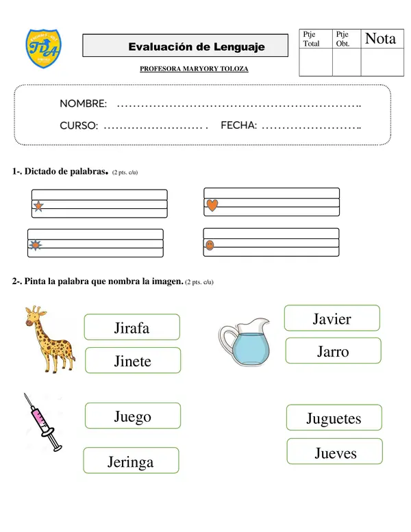 evaluación lenguaje letra B- J