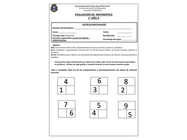Evaluación matemática primero básico 