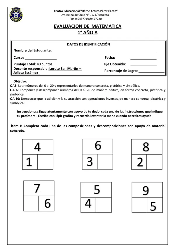 Evaluación matemática primero básico 