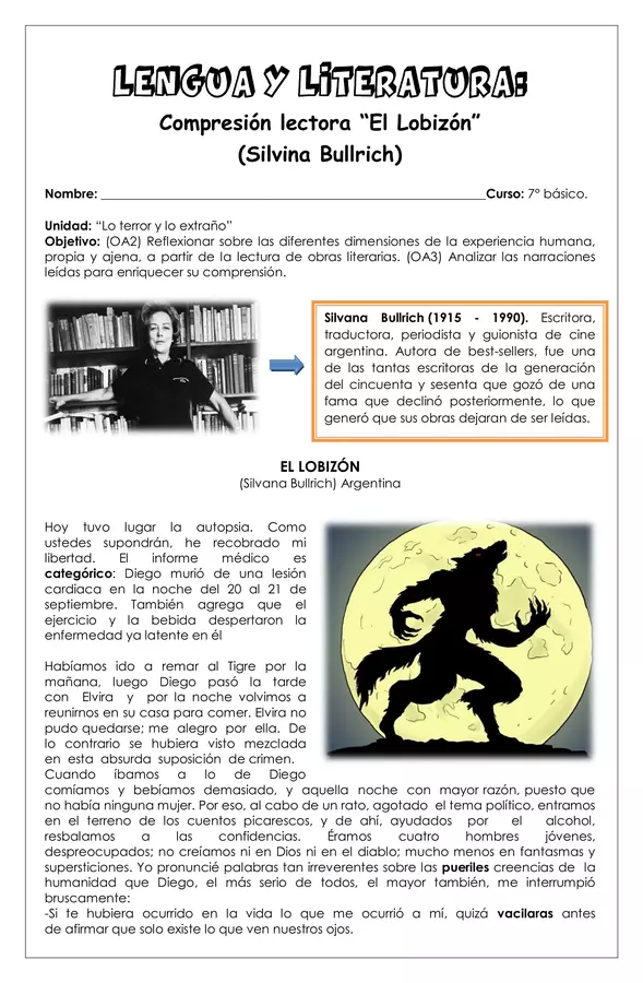Guía de trabajo - "El lobizón" (Silvana Bullrich) - 7° Lengua y literatura