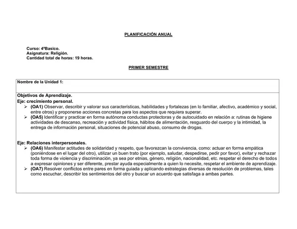 Planificación Clase a Clase: Sin Mes | Religión Evangélica Cuarto Básico
