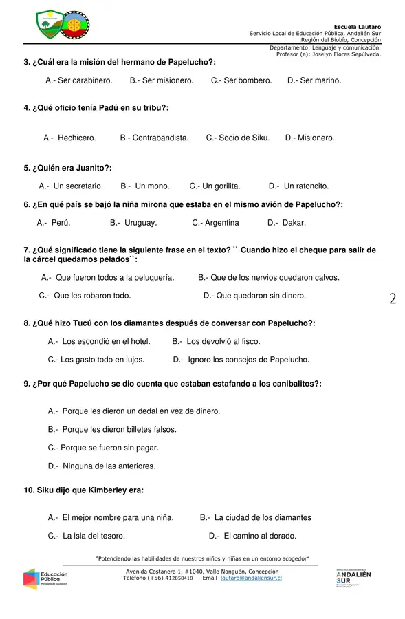 Evaluación Libro Papelucho misionero 6to básico.