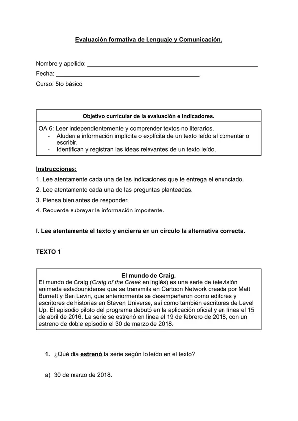 Evaluación 5to básico 