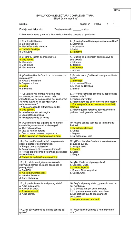 Evaluación de lectura "El ladrón de mentiras" 