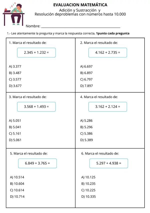 Prueba Resolución de problemas con Sumas, Restas hasta 10.000