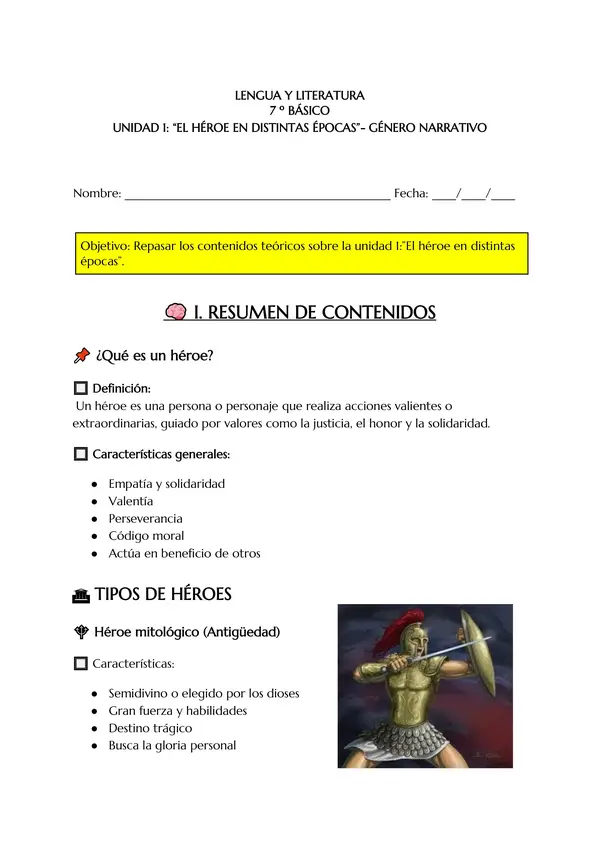 📘 Guía de Lengua 7° Básico ✨ Unidad 1: El héroe en distintas épocas +Pauta de corrección