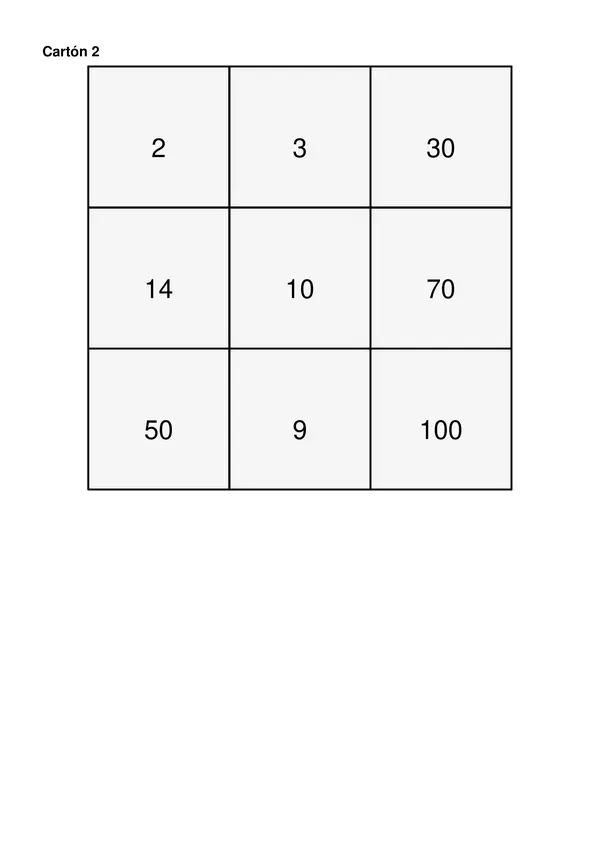 Cartones de bingo tabla del 1, 2 y 10.