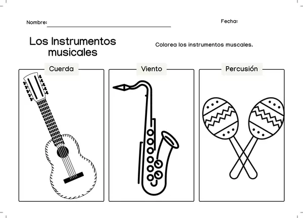 Colorear Instrumentos de cuerda, viento y percusión-Hoja de trabajo para imprimir