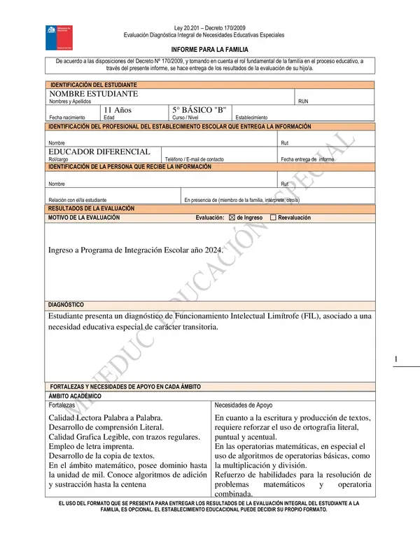 Ejemplo informe a la familia- estudiante Fil- Quinto Básico