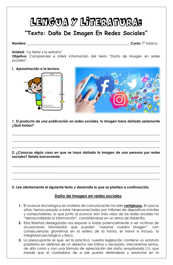 Guía de trabajo - Texto: daño de imagen en redes sociales - 7° Lengua y literatura