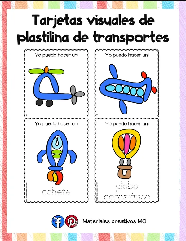 Tarjetas visuales de plastilina de transportes 