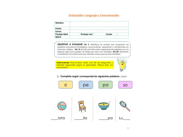 Evaluación comprensión lectora 1°año básico"