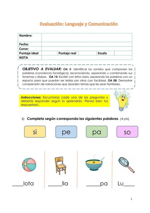 Evaluación comprensión lectora 1°año básico"