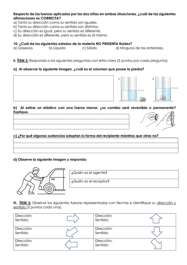 PRUEBA UNIDAD MATERIA Y FUERZAS 4° CIENCIAS