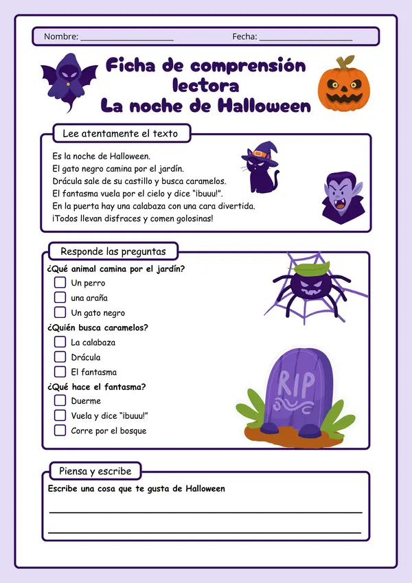 Guía de comprensión lectora Halloween