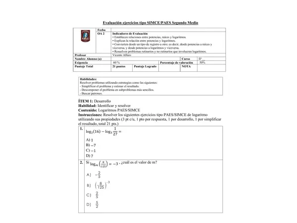 Logaritmos ejercicios evaluación