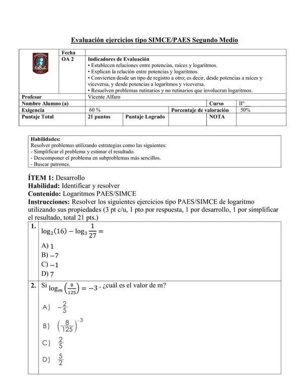 Logaritmos ejercicios evaluación