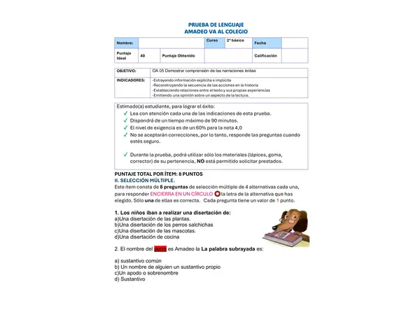 Evaluación amadeo va al colegio 