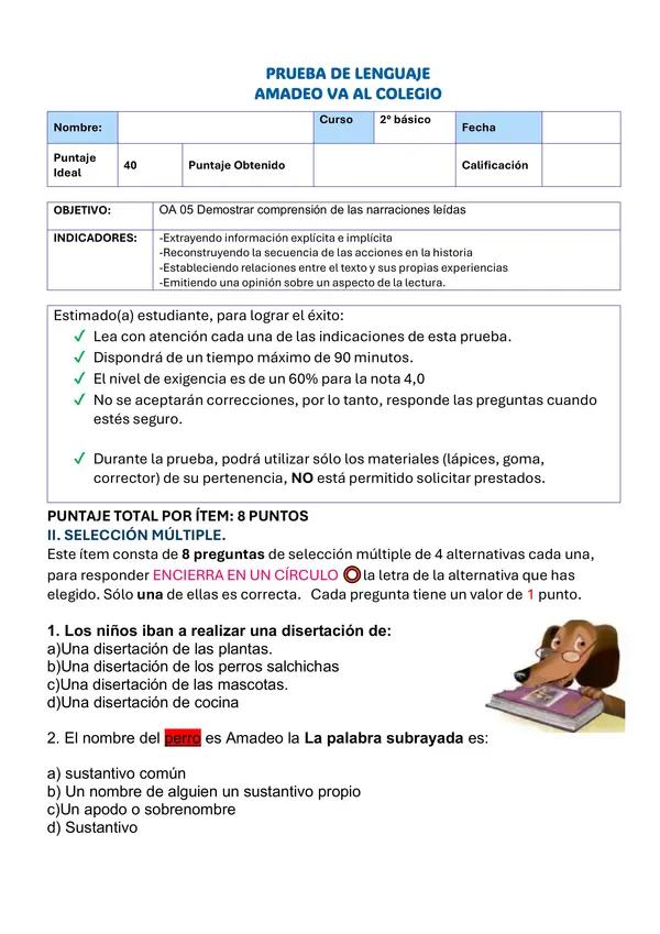Evaluación amadeo va al colegio 