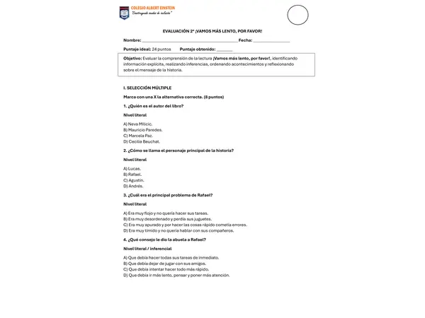 Evaluación libro "Vamos más lento por favor".
