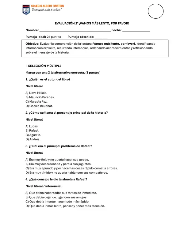 Evaluación libro "Vamos más lento por favor".