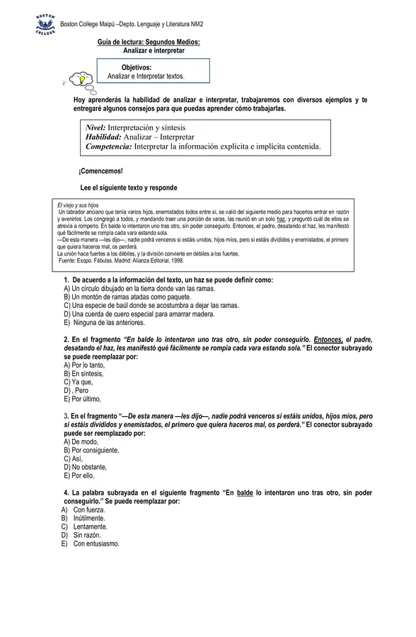 Guía comprensión lectora, segundo medio, habilidad analizar e interpretar.