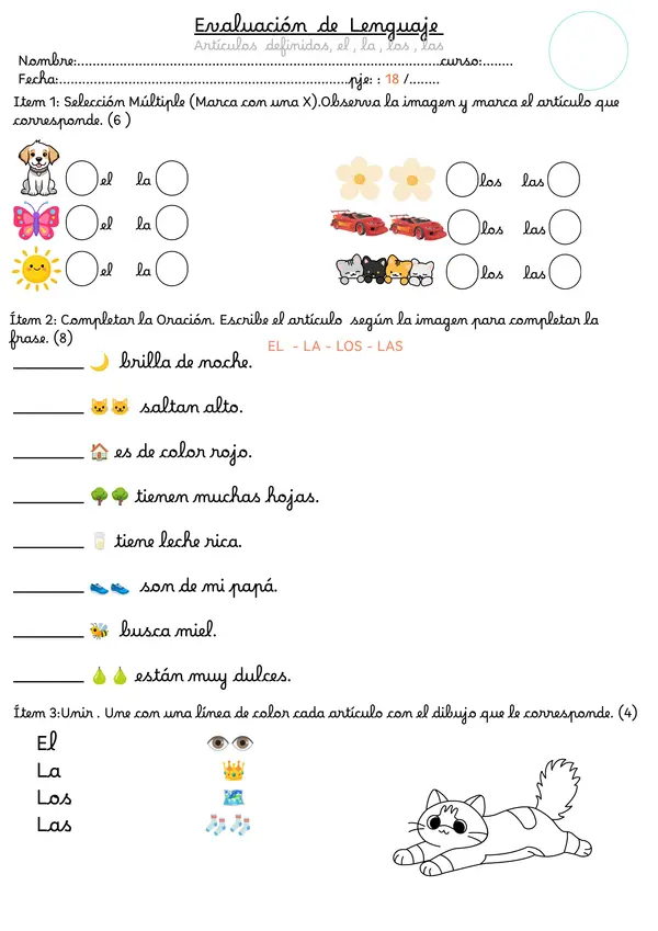 Evaluación escrita artículos definidos 