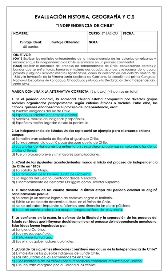 Prueba Historia 6° - Independencia de Chile