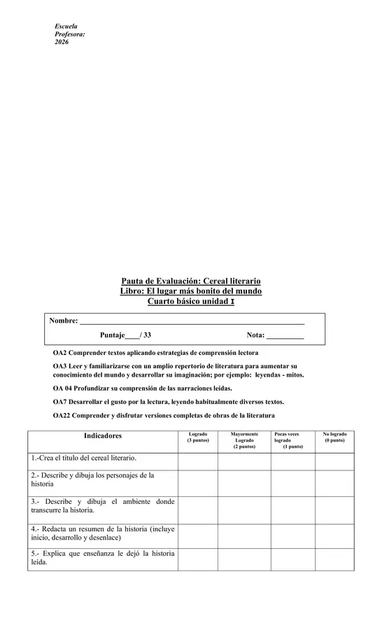 Pauta de evaluación .CEREAL LITERARIO 