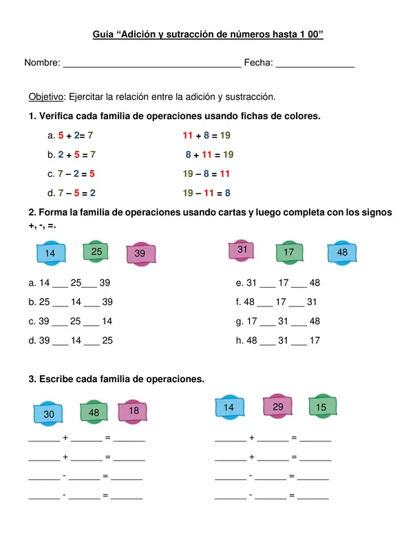 Guía "Sumas y restas de números hasta 100" 2° año.