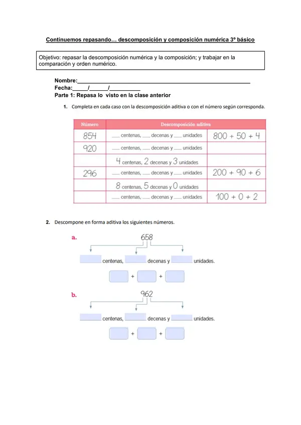 Descomposición y composición, orden y comparación  numérica