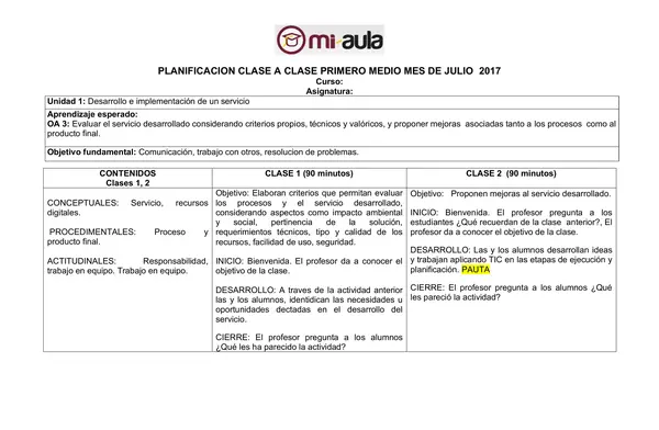 Planificación Clase a Clase Julio - Tecnología - 1° Medio