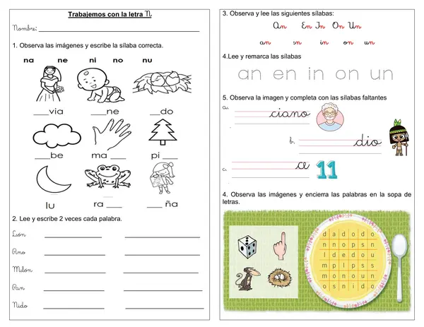 Guía 1° año "Letra N, an en in, on, un"