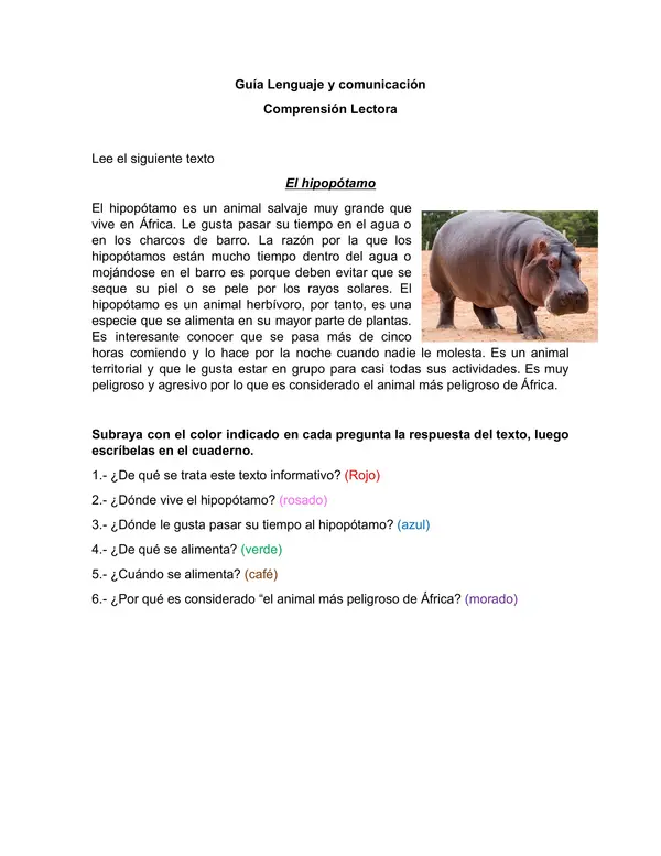 Guía comprensión lectora: El hipopótamo