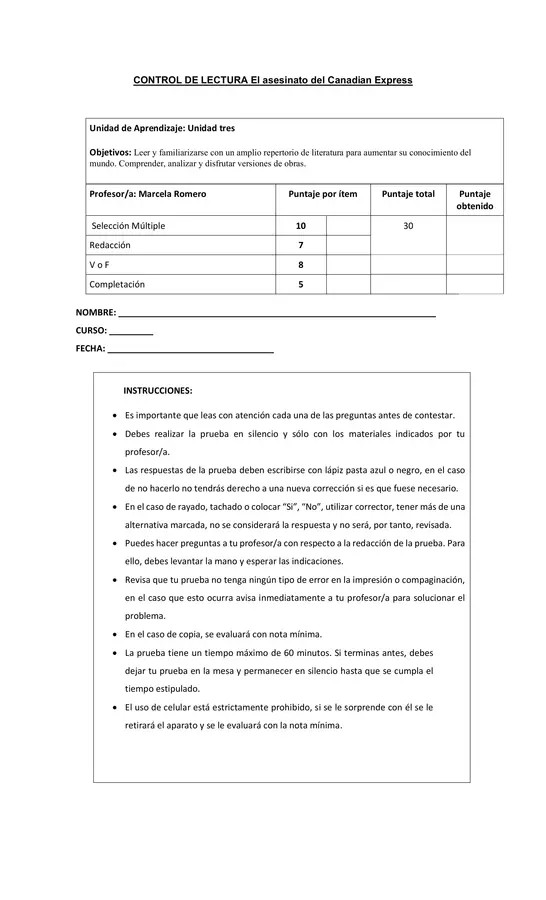 Control de lectura El asesinato del Canadian Express