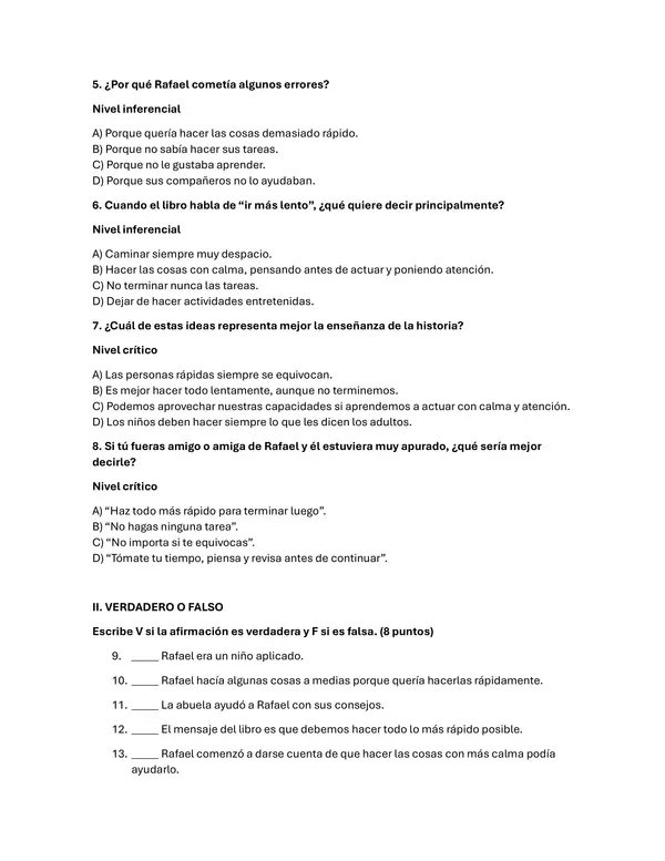 Evaluación libro "Vamos más lento por favor".
