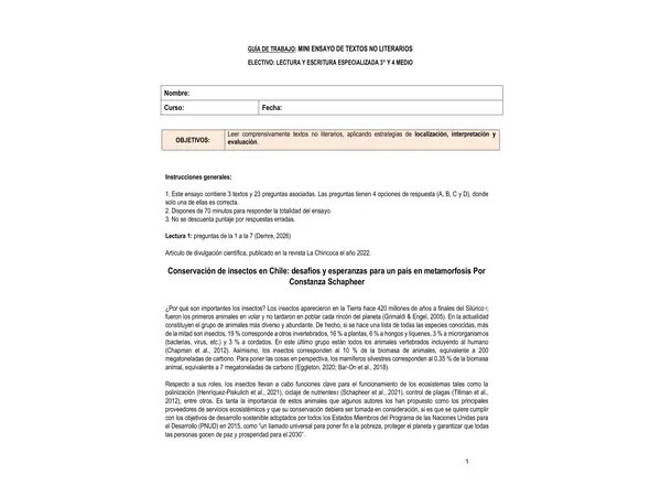 Mini ensayos de Competencia Lectora: Textos expositivos