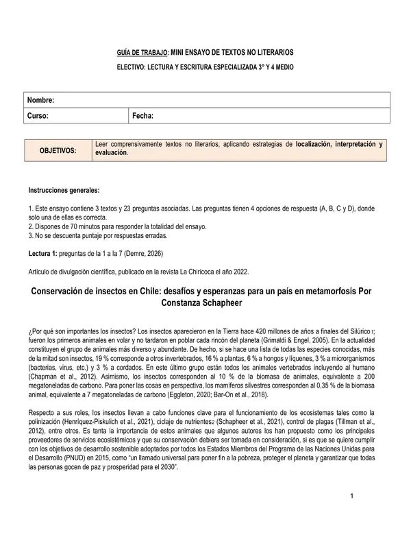 Mini ensayos de Competencia Lectora: Textos expositivos