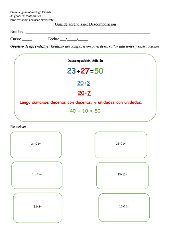 guia de aprendizaje descomposición adición y sustracción.