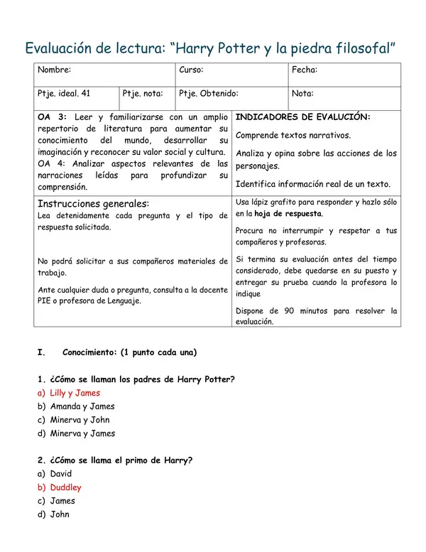 Evaluación "Harry Potter y la piedra filosofal"